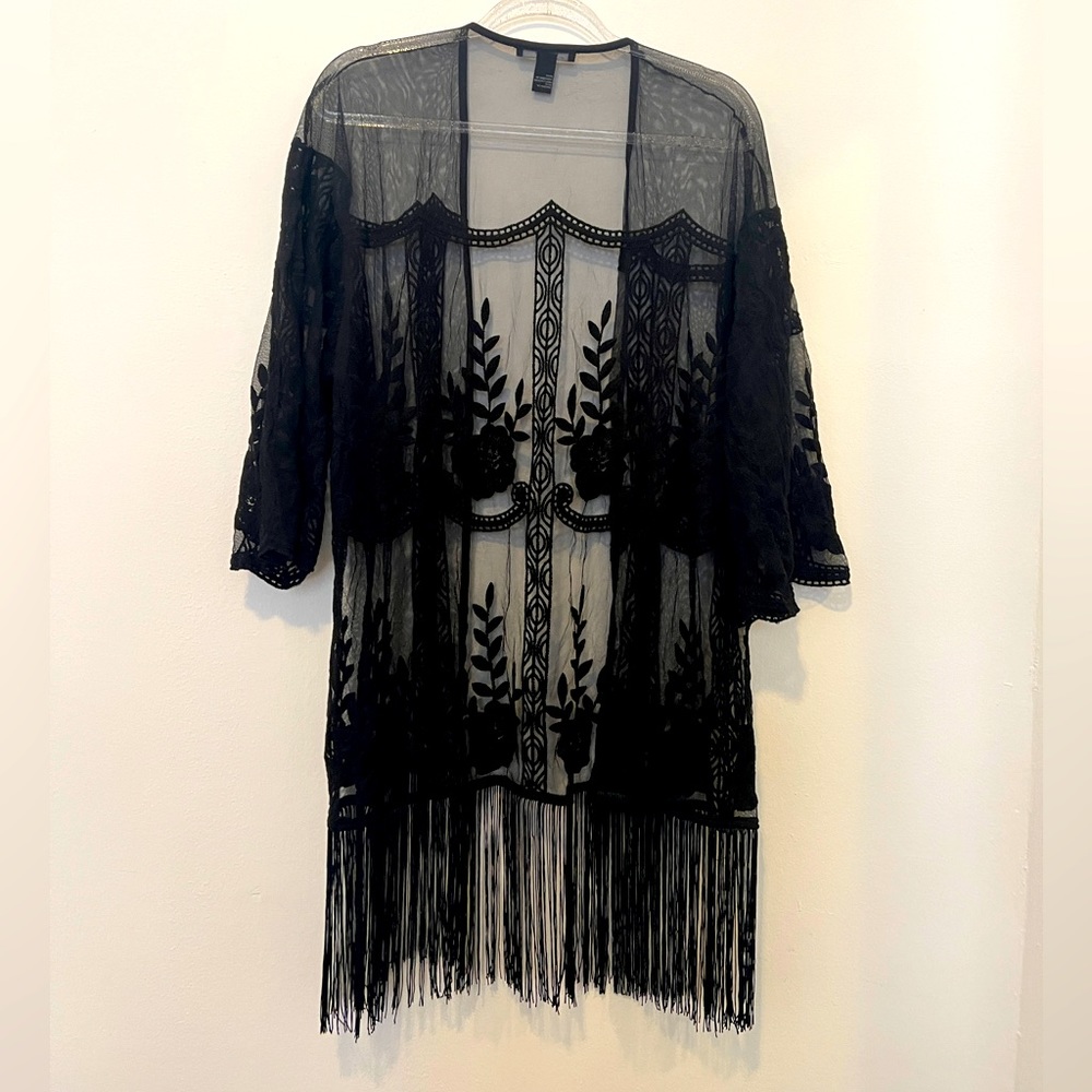 Women’s Mesh Kimono with Fringe - Black | Size L